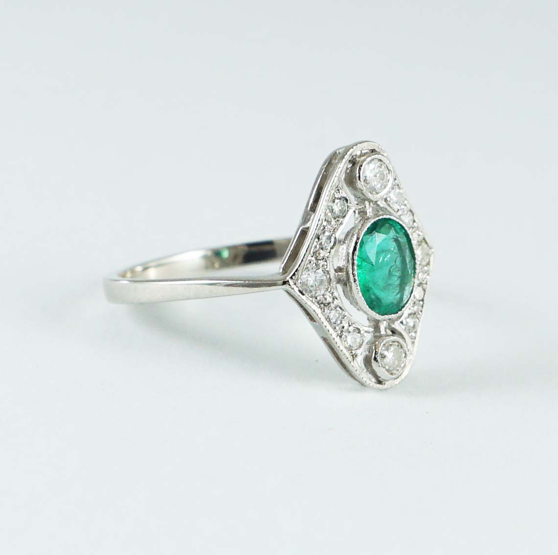 Art Deco Style Emerald & Diamond Ring, Platinum - Baxter & Hanks